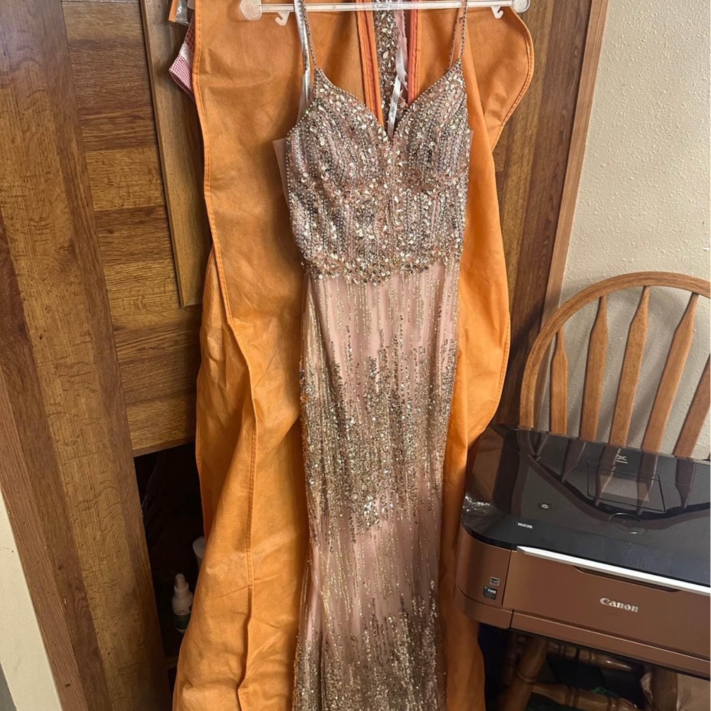 Jovani Gold and Cream Sequin Prom Dress
